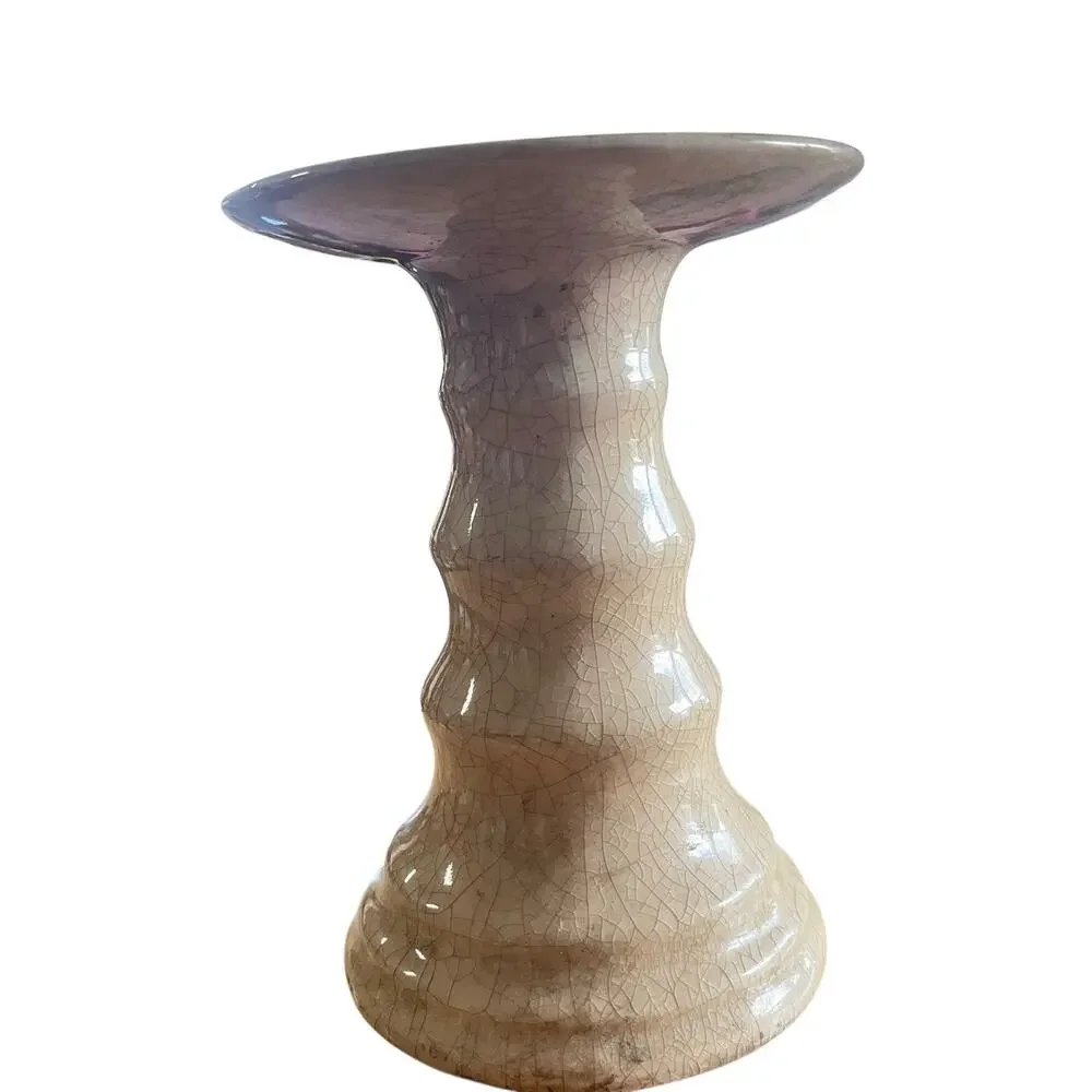Ceramic Pillar Candle Holder Base Stand Pedestal Crackle Glaze Tan Retro Chic